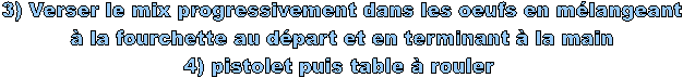 3) Verser le mix progressivement dans les oeufs en mélangeant 
à la fourchette au départ et en terminant à la main 
4) pistolet puis table à rouler  